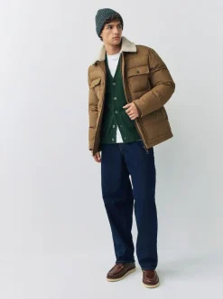 Next Tan Brown Canvas Worker Puffer Jacket With Borg Collar Online