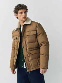 Next Tan Brown Canvas Worker Puffer Jacket With Borg Collar Online