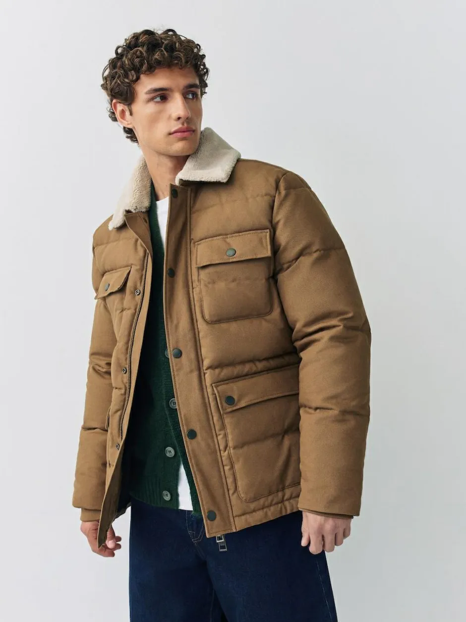 Next Tan Brown Canvas Worker Puffer Jacket With Borg Collar Online