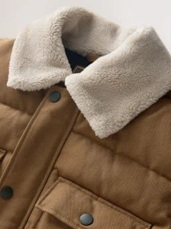 Next Tan Brown Canvas Worker Puffer Jacket With Borg Collar Online