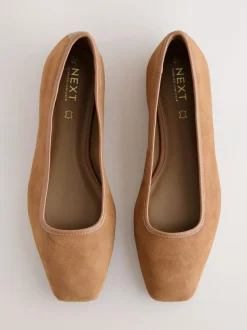 Next Tan Brown Forever Comfort® Leather Square Toe Ballerina Shoes Clearance
