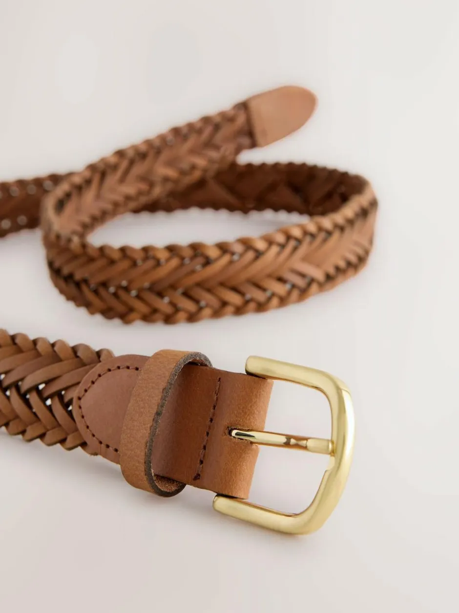 Next Hand Plaited Leather Belt Tan Brown New