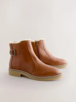 Next Forever Comfort® Faux Fur Lined Buckle Trim Ankle Boots Tan Brown Leather Sale