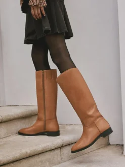 Next Standard/Wide Fit Forever Comfort® Flat Riding Boots Tan Brown Leather Hot