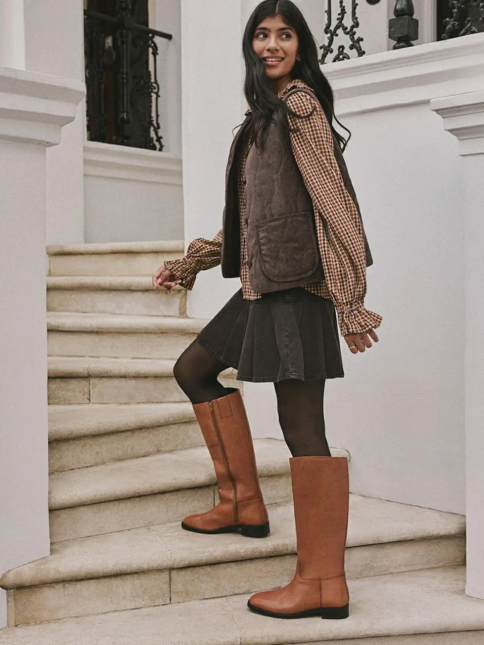 Next Standard/Wide Fit Forever Comfort® Flat Riding Boots Tan Brown Leather Hot