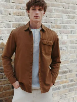 Next Long Sleeve Garment Dyed Oxford Shirt Tan Brown Sale
