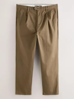 Next Regular Tapered Fit Single Pleated Stretch Chinos Trousers Tan Brown Clearance