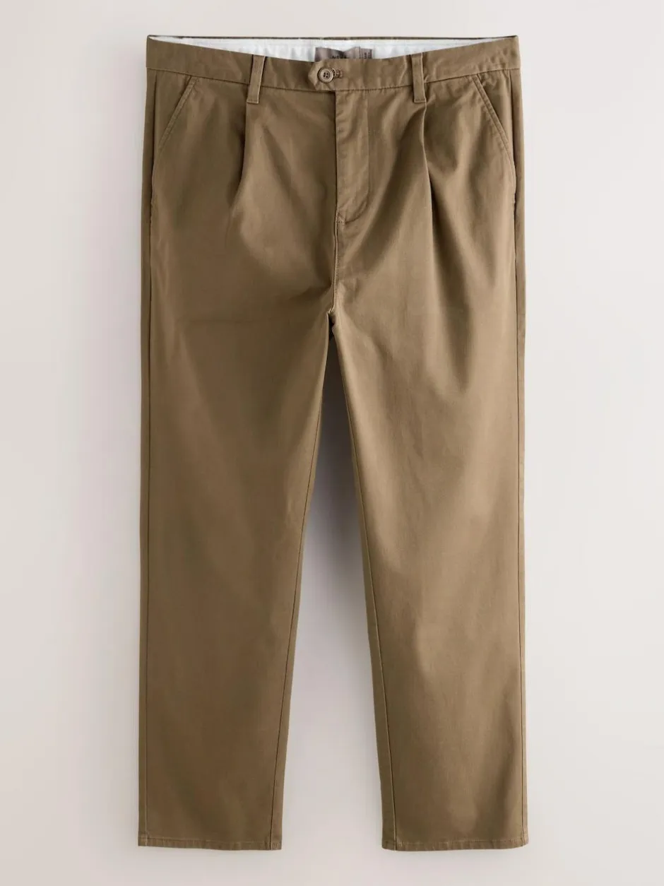 Next Regular Tapered Fit Single Pleated Stretch Chinos Trousers Tan Brown Clearance