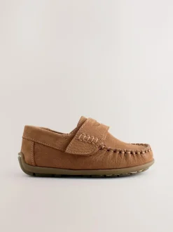 Next Tan Brown Standard Fit (F) Leather Penny Loafers with Touch and Close Fastening New