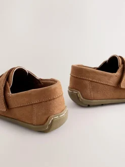 Next Tan Brown Standard Fit (F) Leather Penny Loafers with Touch and Close Fastening New
