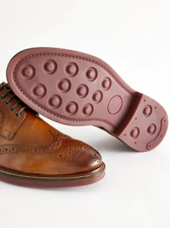 Next Standard Fit Leather Contrast Sole Chunky Brogues Shoes Tan Brown New