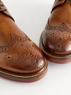 Next Standard Fit Leather Contrast Sole Chunky Brogues Shoes Tan Brown New