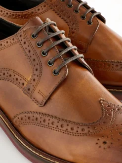 Next Standard Fit Leather Contrast Sole Chunky Brogues Shoes Tan Brown New