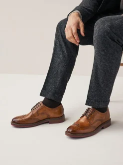 Next Standard Fit Leather Contrast Sole Chunky Brogues Shoes Tan Brown New
