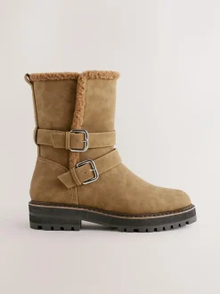 Next Standard/Wide Fit Forever Comfort® Double Buckle Faux Fur Lined Ankle Boots Tan Brown Clearance