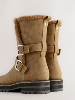 Next Standard/Wide Fit Forever Comfort® Double Buckle Faux Fur Lined Ankle Boots Tan Brown Clearance
