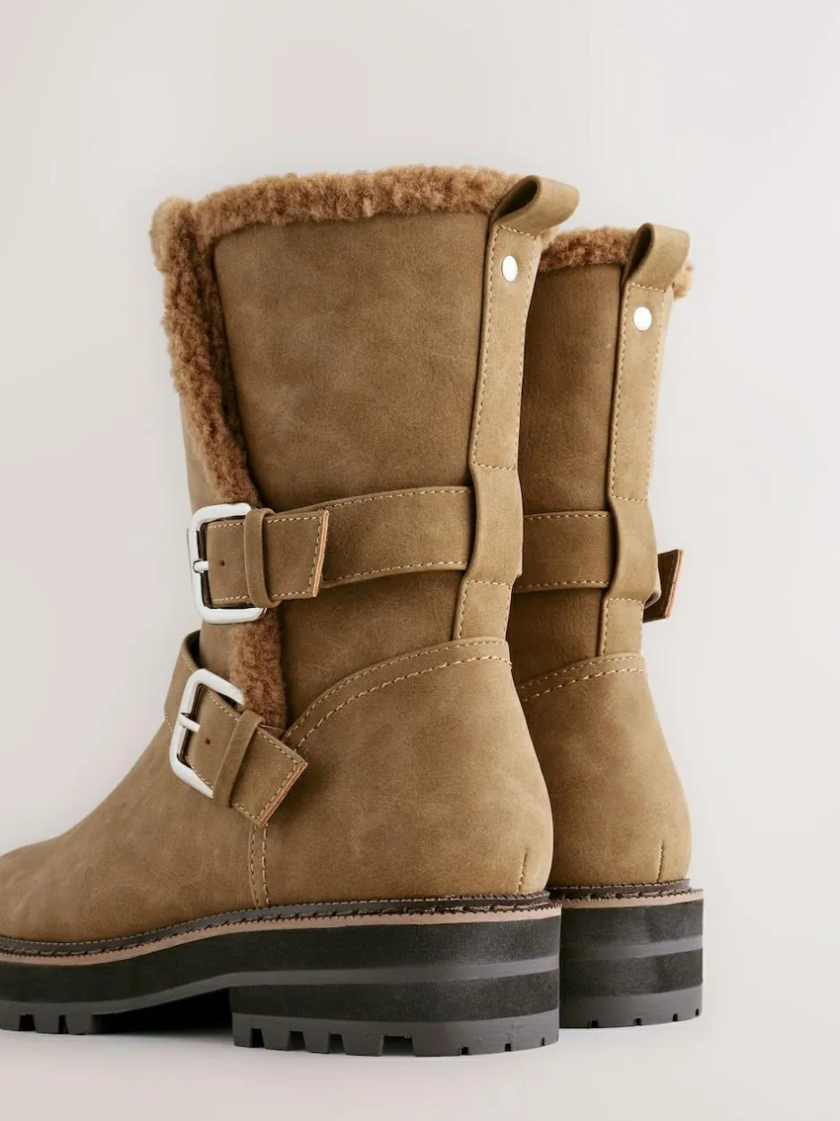 Next Standard/Wide Fit Forever Comfort® Double Buckle Faux Fur Lined Ankle Boots Tan Brown Clearance