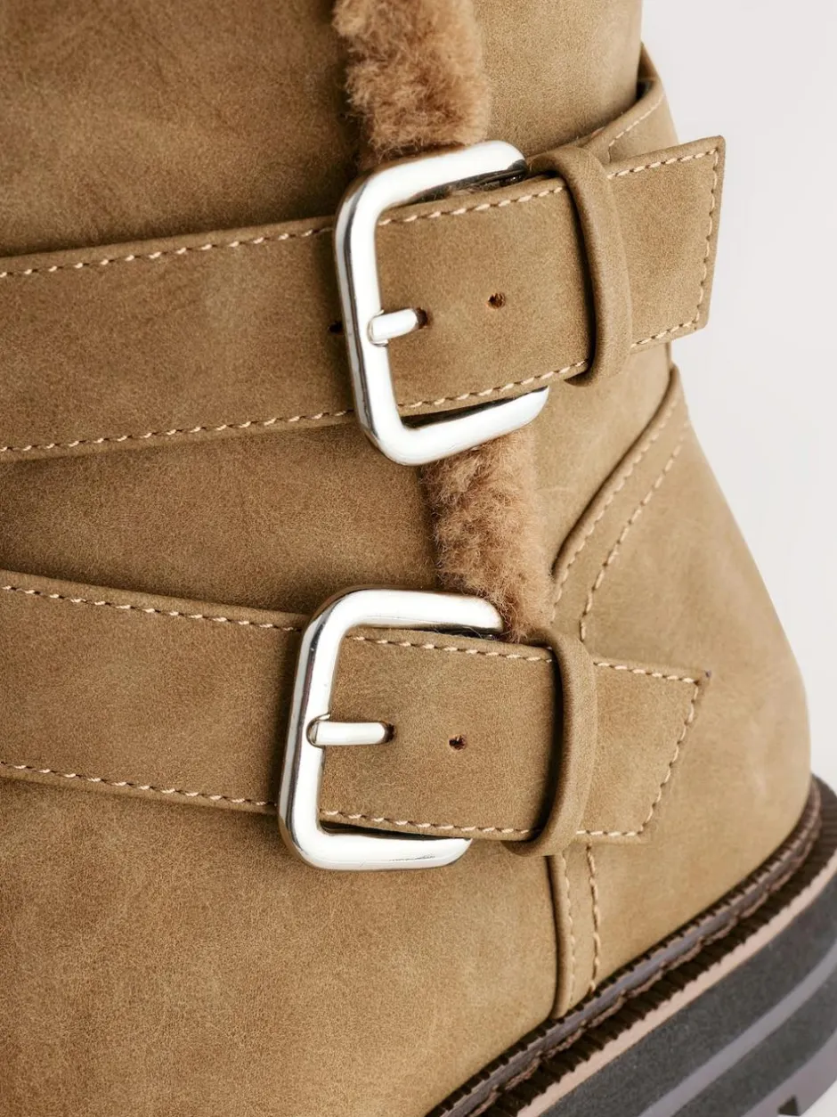 Next Standard/Wide Fit Forever Comfort® Double Buckle Faux Fur Lined Ankle Boots Tan Brown Clearance