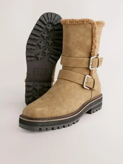Next Standard/Wide Fit Forever Comfort® Double Buckle Faux Fur Lined Ankle Boots Tan Brown Clearance