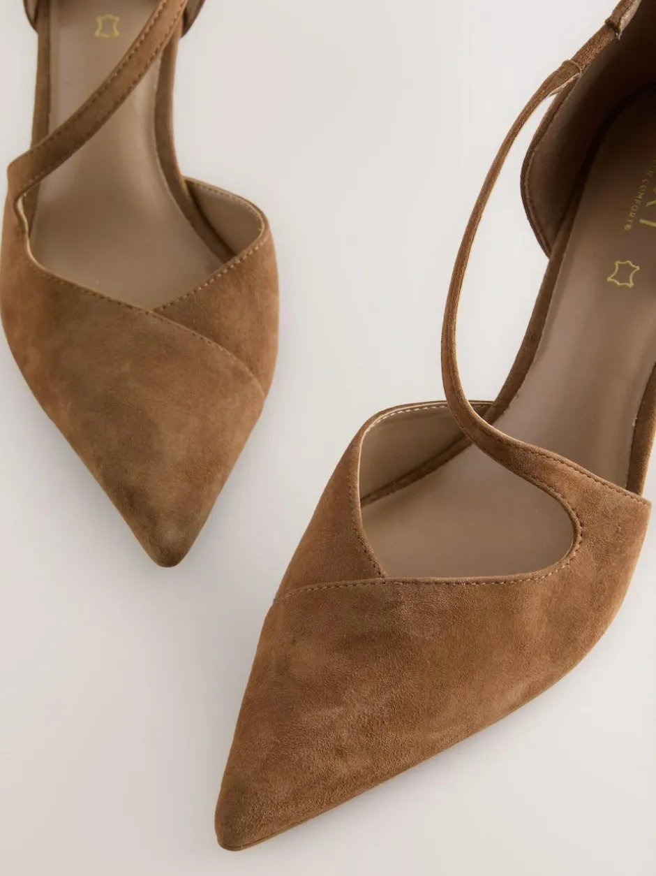 Next Premium Leather Asymmetric Court Heels Tan Brown Suede