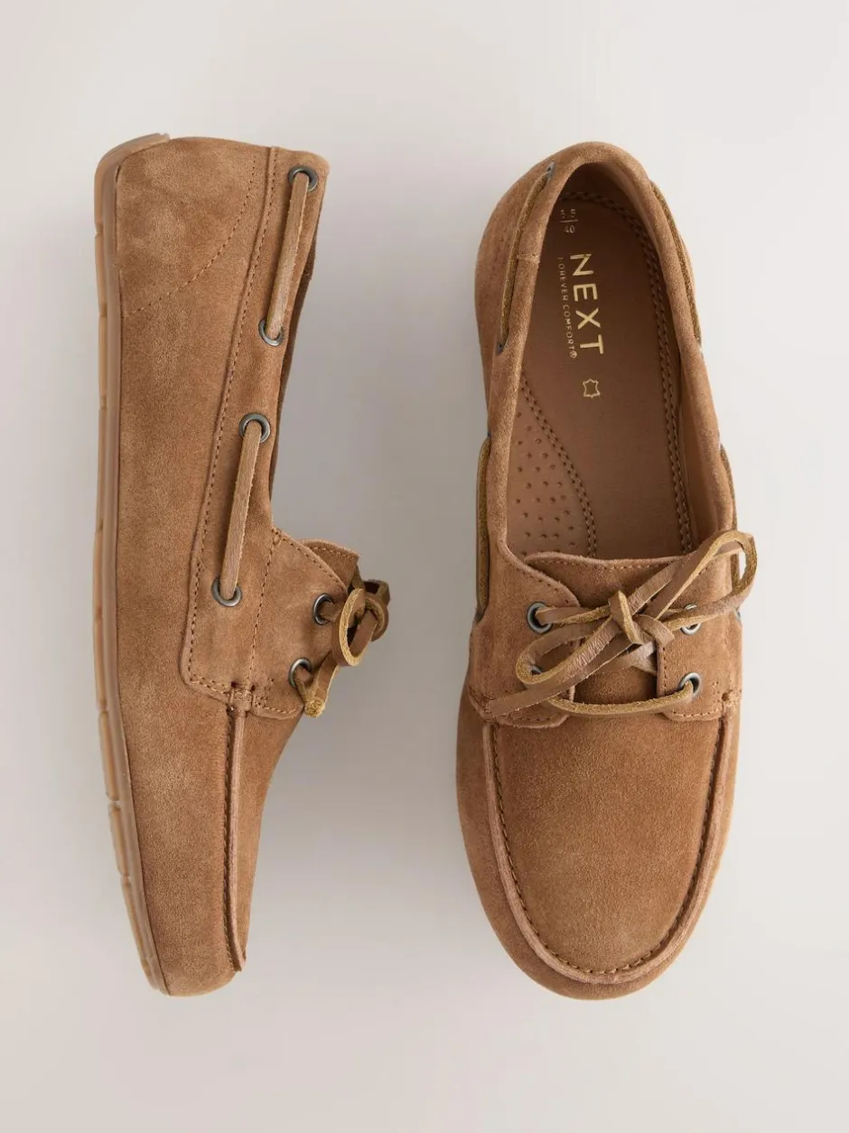 Next Standard Fit Leather Round Toe Boat Shoes Tan Brown Suede