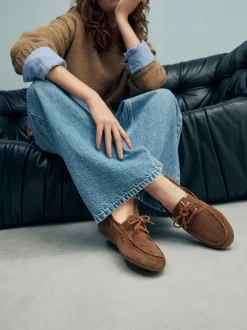 Next Standard Fit Leather Round Toe Boat Shoes Tan Brown Suede