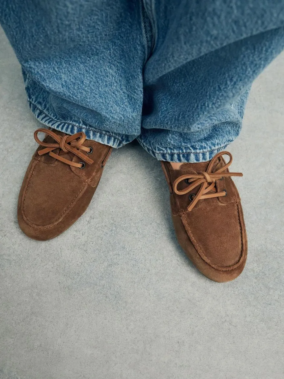 Next Standard Fit Leather Round Toe Boat Shoes Tan Brown Suede