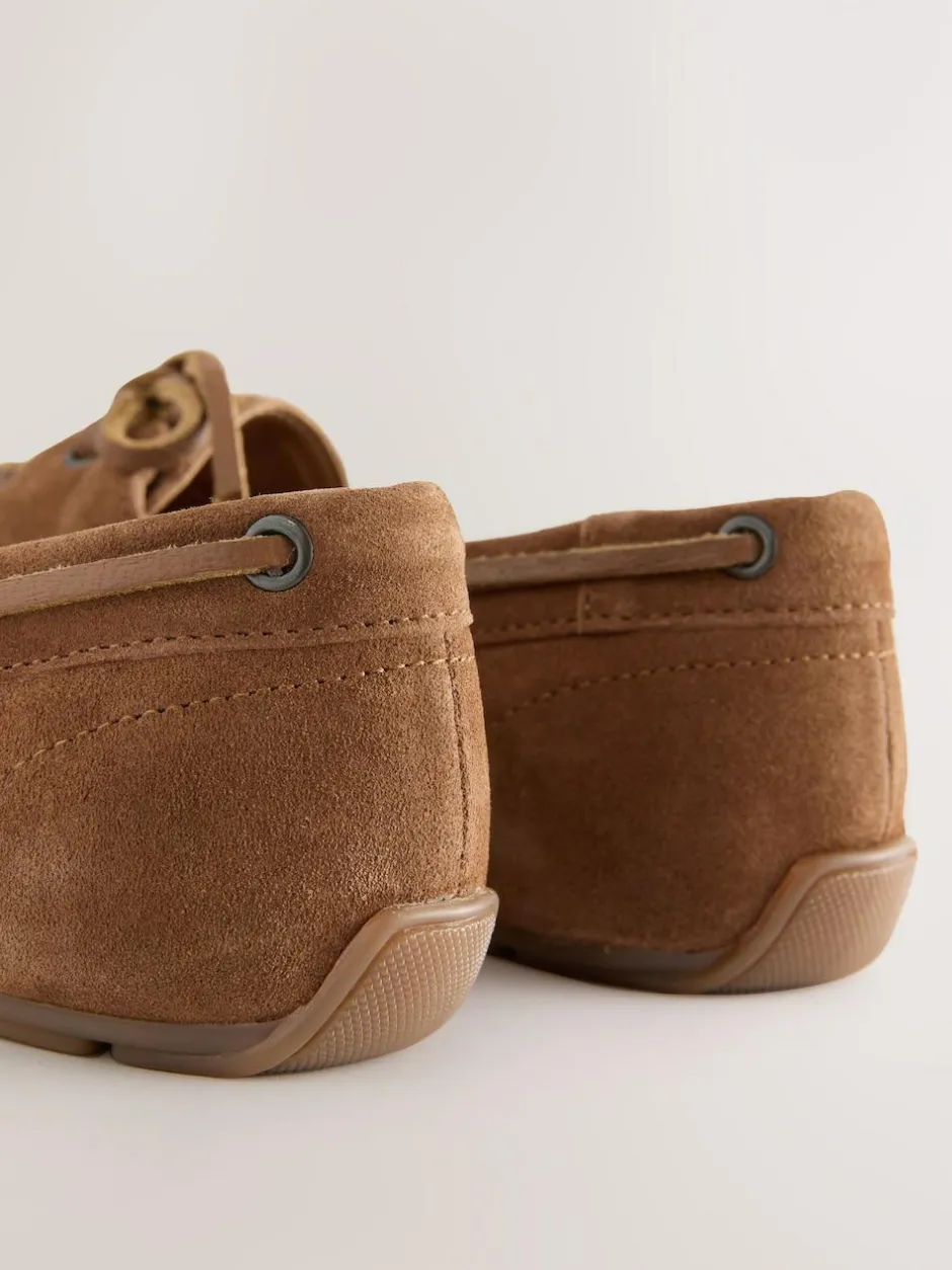 Next Standard Fit Leather Round Toe Boat Shoes Tan Brown Suede