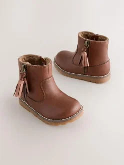 Next Tan Brown Wide Fit (G) Chelsea Zip Tassel Ankle Boots Discount