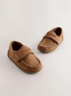 Next Tan Brown Wide Fit (G) Leather Penny Loafers with Touch and Close Fastening Hot