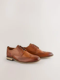 Next Wide Fit Leather Contrast Sole Brogue Shoes Tan Brown Outlet