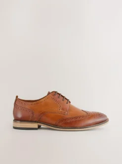 Next Wide Fit Leather Contrast Sole Brogue Shoes Tan Brown Outlet
