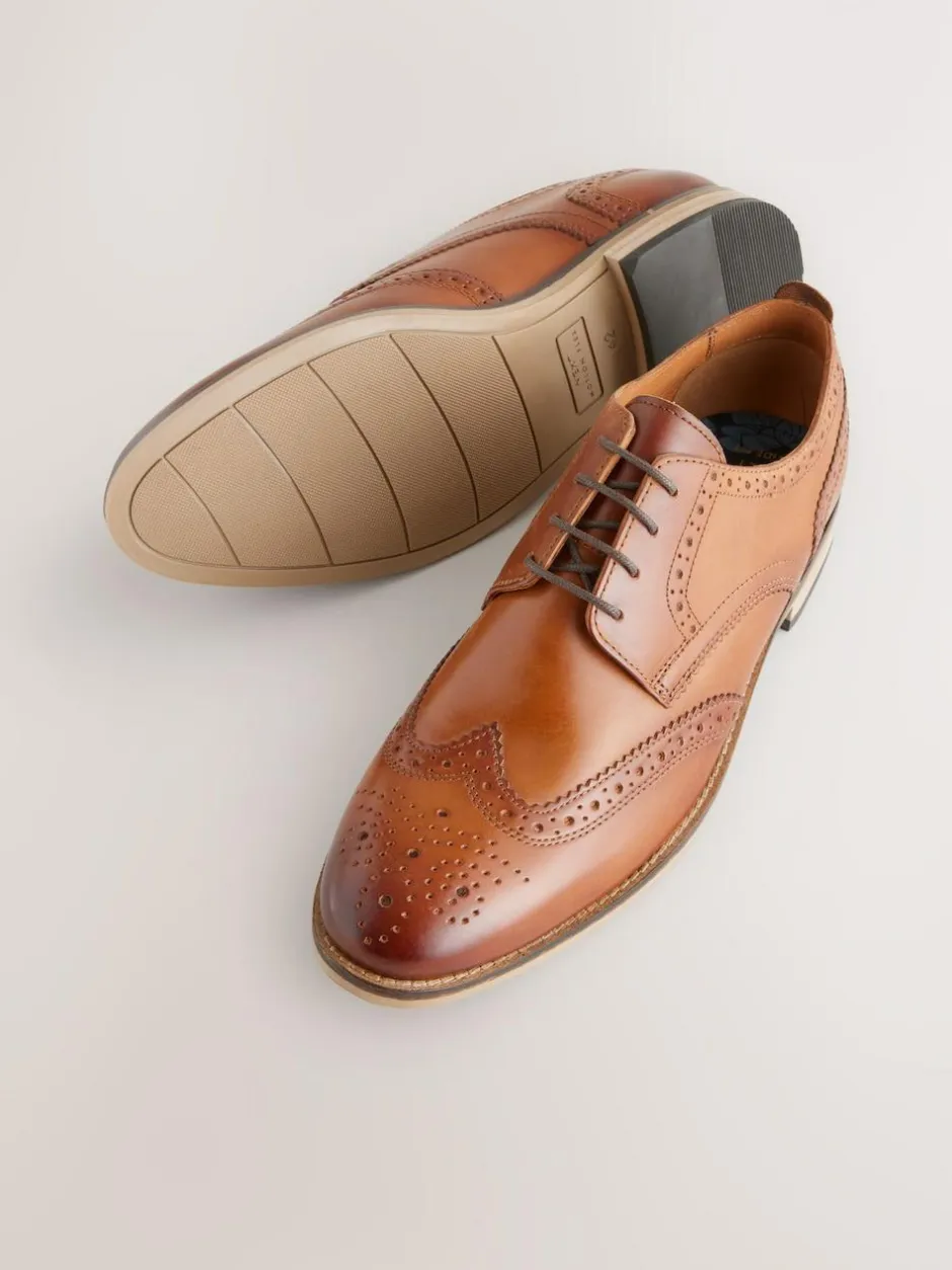 Next Wide Fit Leather Contrast Sole Brogue Shoes Tan Brown Outlet