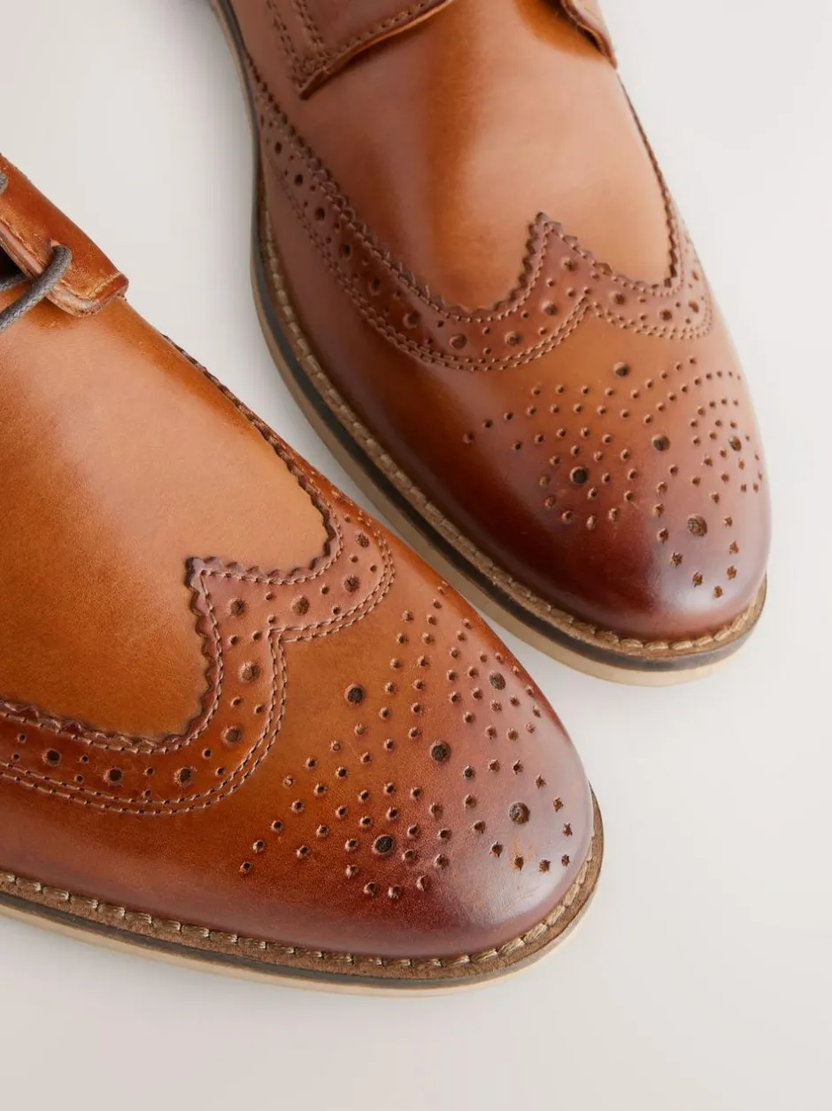 Next Wide Fit Leather Contrast Sole Brogue Shoes Tan Brown Outlet