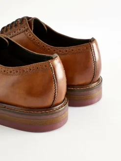 Next Tan Brown Wide Fit Leather Contrast Sole Chunky Brogues Shoes Hot