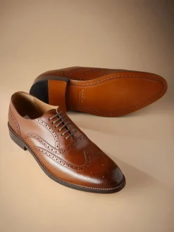 Next Wide Fit Signature Italian Leather Wingcap Brogue Shoes Tan Brown Outlet