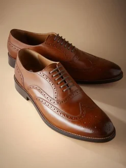 Next Wide Fit Signature Italian Leather Wingcap Brogue Shoes Tan Brown Outlet