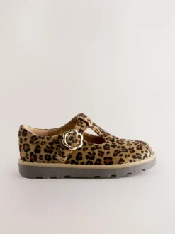 Next Wide Fit (G) T-Bar Shoes Tan/Animal Print New