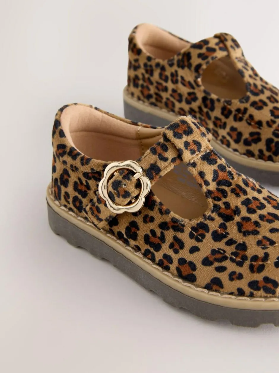 Next Wide Fit (G) T-Bar Shoes Tan/Animal Print New