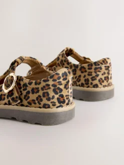 Next Wide Fit (G) T-Bar Shoes Tan/Animal Print New