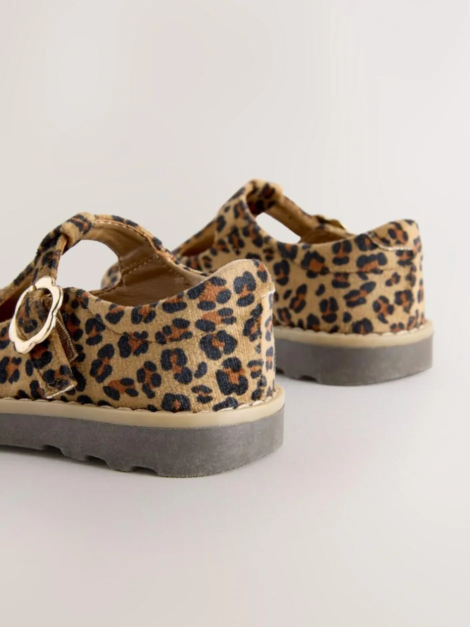 Next Wide Fit (G) T-Bar Shoes Tan/Animal Print New