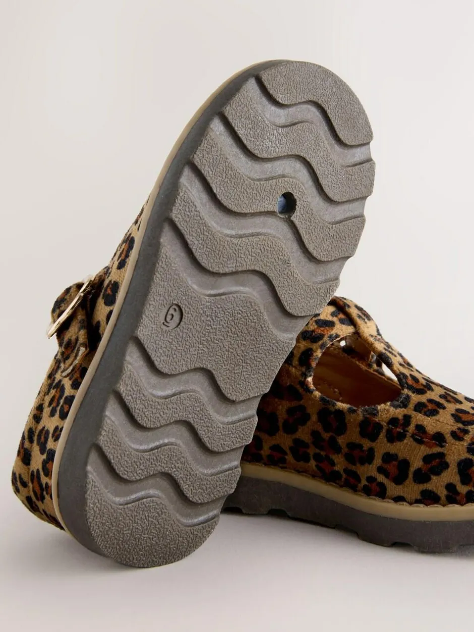 Next Wide Fit (G) T-Bar Shoes Tan/Animal Print New