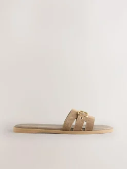 Next Buckle Mule Sandals Taupe Neutral Suede Sale