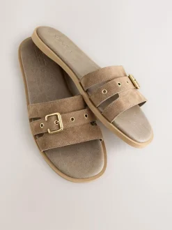 Next Buckle Mule Sandals Taupe Neutral Suede Sale