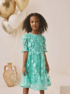 Next Mesh Flower Sequin Party Dress (3-16yrs) Teal Blue Best