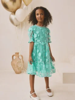 Next Mesh Flower Sequin Party Dress (3-16yrs) Teal Blue Best