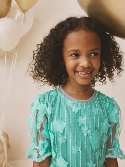 Next Mesh Flower Sequin Party Dress (3-16yrs) Teal Blue Best