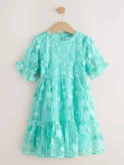 Next Mesh Flower Sequin Party Dress (3-16yrs) Teal Blue Best