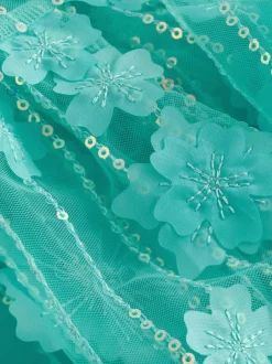 Next Mesh Flower Sequin Party Dress (3-16yrs) Teal Blue Best