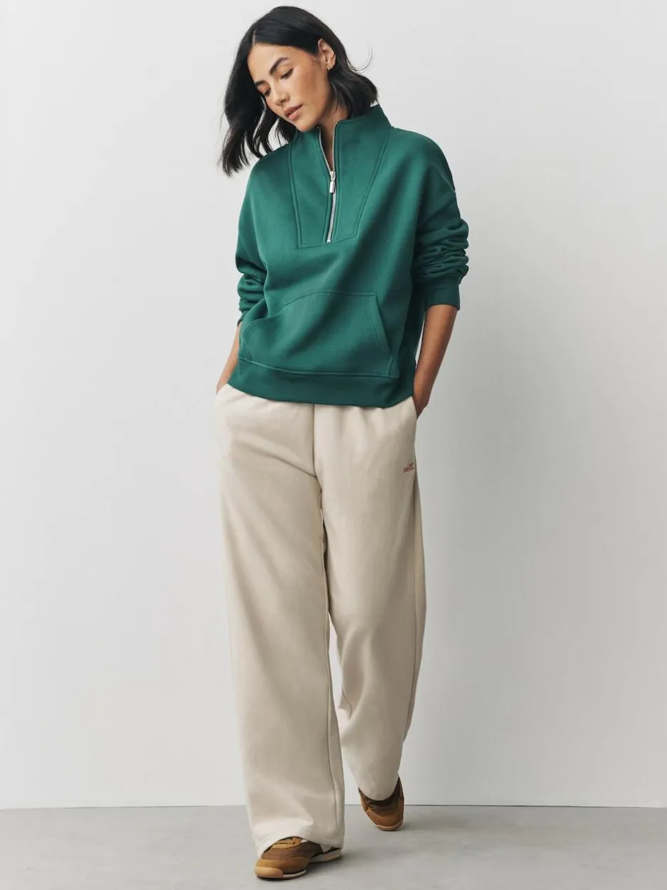 Next Relaxed Fit Heavyweight Cotton Rich Jersey Zip Neck Sweatshirt Teal Blue Hot